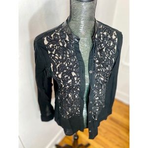 Reba Black Lace Blouse Long Sleeve Beading & Leather Collar Country Western Sz S